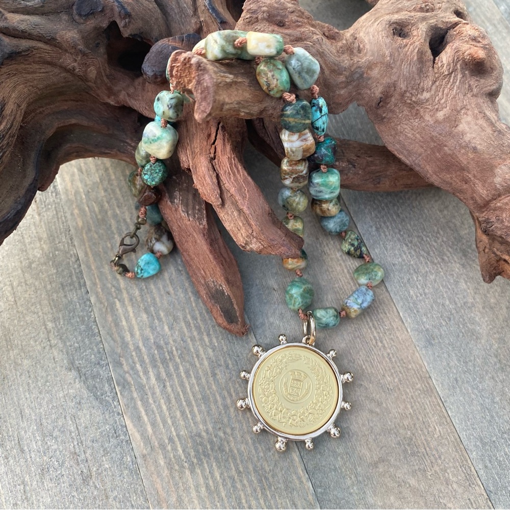 ONE OF ONE African Turquoise hand knotted silk French Coin pendant necklace